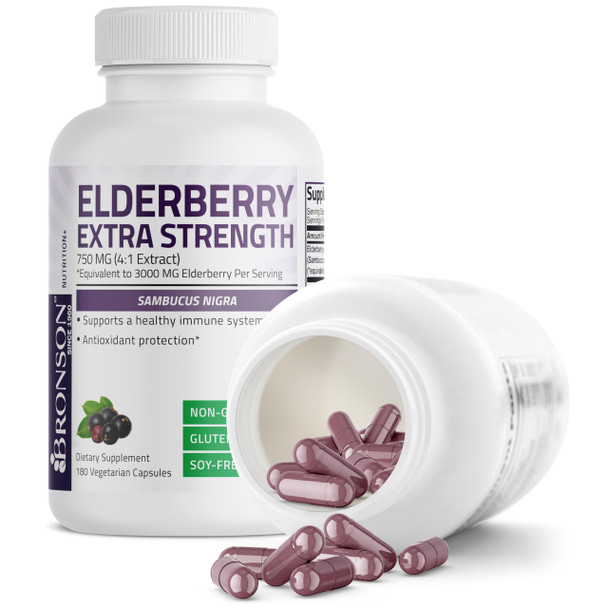 Bronson Elderberry Extra Strength, Supports Healthy Immune System & Antioxidant Protection, Non Gmo, 180 Vegetarian Capsules