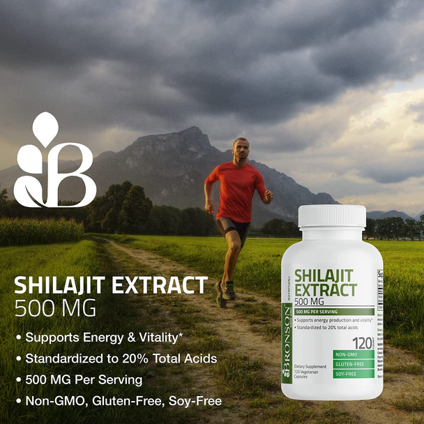 Bronson Shilajit Extract 500 Mg Per Serving, Supports Energy Production & Vitality, Standardized To 20% Total Acids, Non-Gmo, 120 Vegetarian Capsules