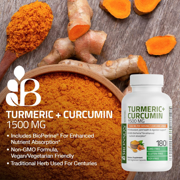 Bronson Turmeric Curcumin 1500 Mg Per Serving Antioxidant, Joint & Digestion Support With Bioperine, Non-Gmo, 180 Vegetarian Capsules
