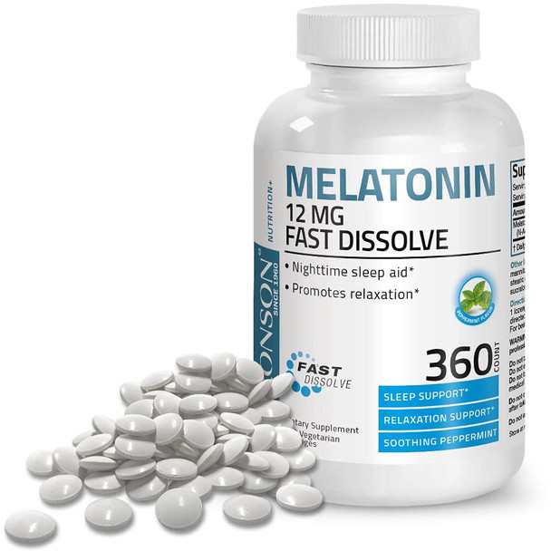 Bronson Melatonin 12Mg Fast Dissolve Nighttime Sleep Aid Support & Relaxation Support, 360 Peppermint Vegetarian Lozenges