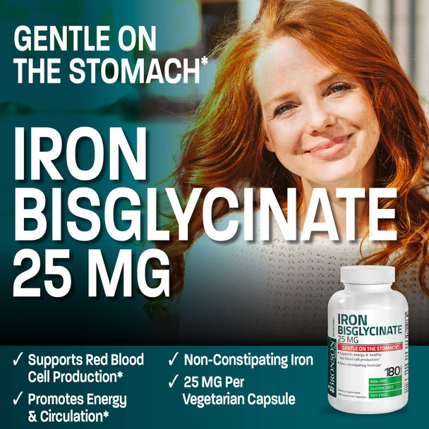 Bronson Iron Bisglycinate 25 Mg Gentle On The Stomach Supports Energy and Healthy Red Blood Cell Production Non  Constipating Formula Non Gmo 180 Vegetarian Capsules