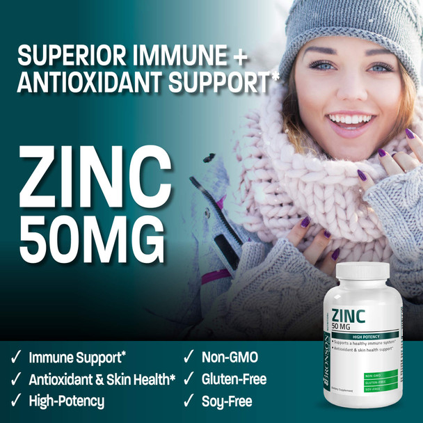 Bronson Zinc 50Mg Complex, 100 Vegetarian Capsules - High Potency Immune Support, Antioxidant Protection, Skin Health