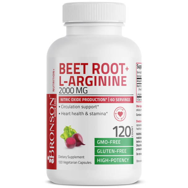 Bronson Beet Root + L-Arginine 2000 Mg Nitric Oxide Production- Non-Gmo, 120 Vegetarian Capsules