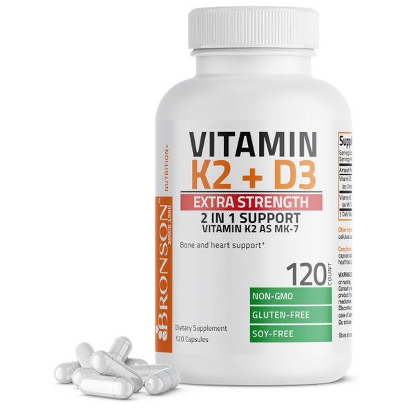 Bronson Vitamin K2 (Mk7) With D3 Extra Strength Supplement Bone And Heart Health Non-Gmo Formula 10,000 Iu Vitamin D3 & 120 Mcg Vitamin K2 Mk-7 Easy To Swallow Vitamin D & K, 120 Capsules
