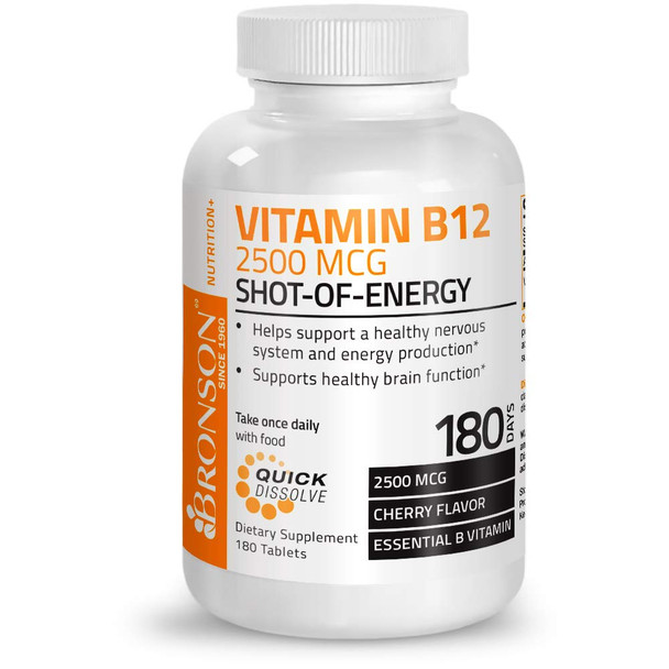 Vitamin B12 2500Mcg Shot Of Energy Fast Dissolve Chewable Tablets - Quick Release Cherry Flavored Sublingual B12 Vitamin - Supports Nervous System, Healthy Brain Function Energy Production – 180 Count