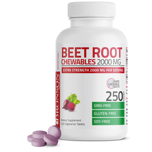 Bronson Beet Root Chewables 2000 Mg, Grape Flavored - Extra Strength 2000 Mg Per Serving Circulation Support Heart Health & Stamina, Non-Gmo, 250 Vegetarian Grape Flavored Chewable Tablets