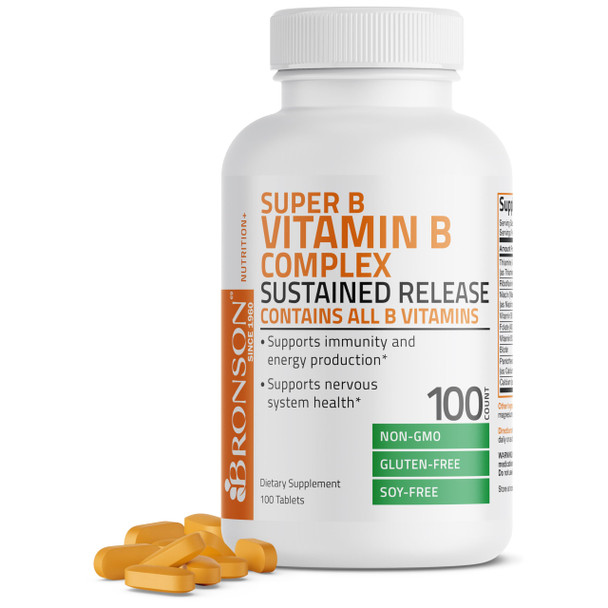Bronson Super B Vitamin B Complex Sustained Slow Release (Vitamin B1, B2, B3, B6, B9 - Folic Acid, B12) Contains All B Vitamins 100 Tablets