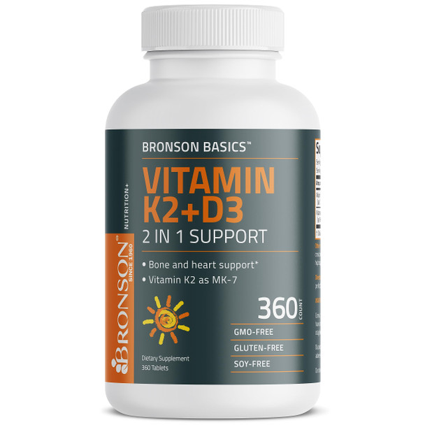 Bronson Basics Vitamin K2 D3 (Mk7) Supplement Non-Gmo Formula 5000Iu (125 Mcg) Vitamin D3 & 90 Mcg Vitamin K2 Mk-7 Easy To Swallow Vitamin D & K Complex, 360 Tablets