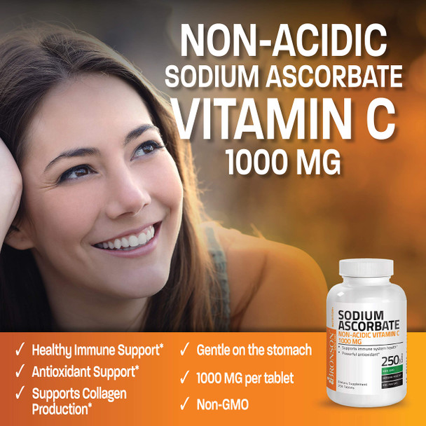 Sodium Ascorbate Non Acidic Vitamin C 1000 Mg Tablets - Gentle On The Stomach - Immune System Booster - Powerful Antioxidant - Non Gmo Vitamin C Supplement, 250 Count