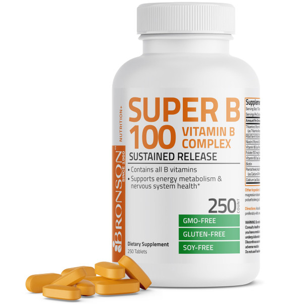 Bronson Super B 100 Vitamin B Complex Sustained Release Contains All B Vitamins (Vitamin B1, B2, B3, B6, B9 - Folic Acid, B12) Supports Energy Metabolism & Nervous System Health, Non-Gmo, 250 Tablets