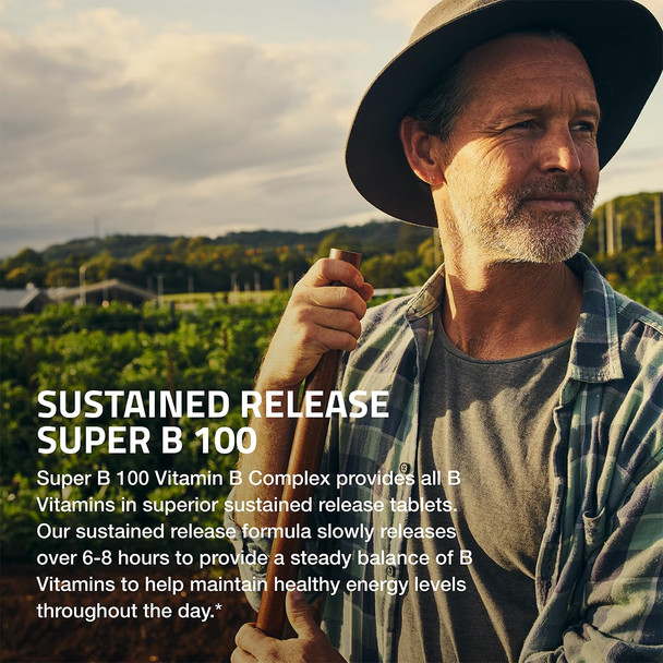 Bronson Super B 100 Vitamin B Complex Sustained Release Contains All B Vitamins (Vitamin B1, B2, B3, B6, B9 - Folic Acid, B12) Supports Energy Metabolism & Nervous System Health, Non-Gmo, 250 Tablets