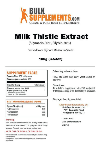 Bulksupplements.Com Milk Thistle Extract Powder - Herbal Extract For Liver Health, Milk Thistle Supplement - 250Mg Of Silymarin Milk Thistle Per Serving, Gluten Free (100 Grams - 3.5 Oz)