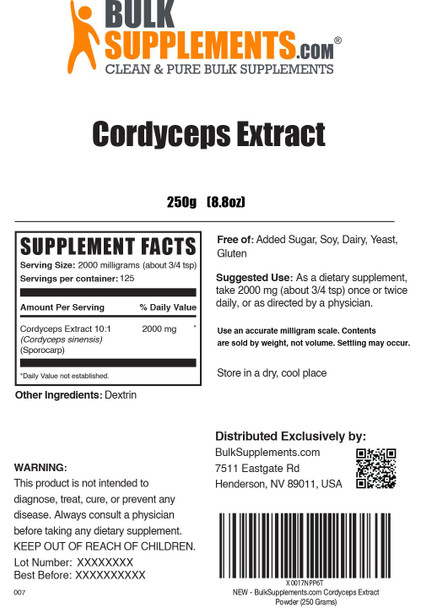 Bulksupplements.Com Cordyceps Mushroom Extract Powder - Cordyceps Powder, From Cordyceps Sinensis - Cordyceps Extract, Gluten Free - 2000Mg Per Serving, 250G (8.8 Oz) (Pack Of 1)