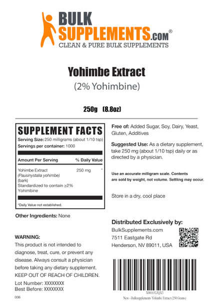 Bulksupplements.Com Yohimbe Extract Powder - Yohimbe Bark Extract, Yohimbe Supplements For Men & Women, Yohimbe Bark Powder - Herbal Supplement, Gluten Free, 250Mg Per Serving, 250G (8.8 Oz)