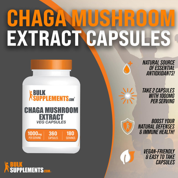 Bulksupplements.Com Chaga Mushroom Extract Capsules - Chaga Extract, Chaga Mushrooms Capsules - Vegan & Gluten Free, 2 Capsules (1000Mg) Per Serving, 360 Veg Capsules (Pack Of 1)