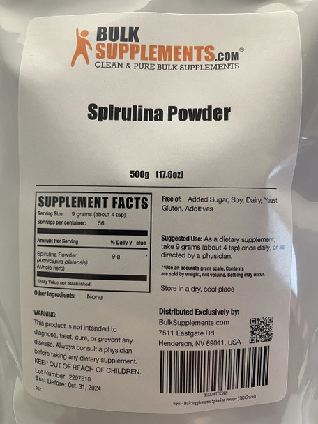 Bulksupplements.Com Spirulina Powder - Blue Green Algae - Spirulina Supplement - Green Powder Superfood Powder - Greens Supplements - Daily Greens Powder - 9G Per Serving (500 Grams - 1.1 Lbs)