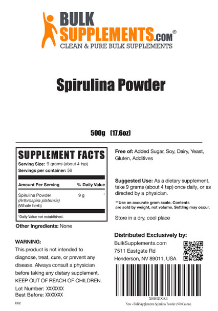 Bulksupplements.Com Spirulina Powder - Blue Green Algae - Spirulina Supplement - Green Powder Superfood Powder - Greens Supplements - Daily Greens Powder - 9G Per Serving (500 Grams - 1.1 Lbs)