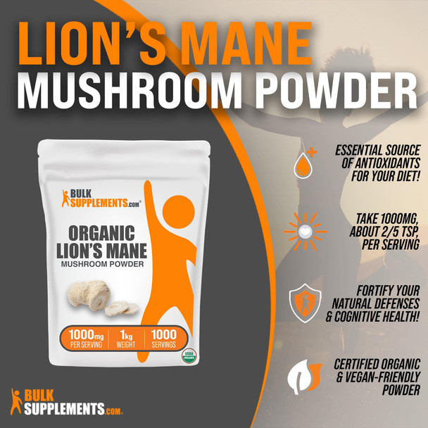 Bulksupplements.Com Organic Lions Mane Mushroom Powder - Lions Mane Supplement Powder, Lion'S Mane Powder - Organic & Gluten Free, 1000Mg Per Serving, 1Kg (2.2 Lbs) (Pack Of 1)