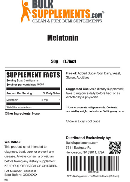 Bulksupplements.Com Melatonin Powder - Melatonin Sleep Supplement, Melatonin For Adults, Melatonin 3 Mg - Vegan Melatonin, Pure & Gluten Free, 3Mg Per Serving, 50G (1.8 Oz)