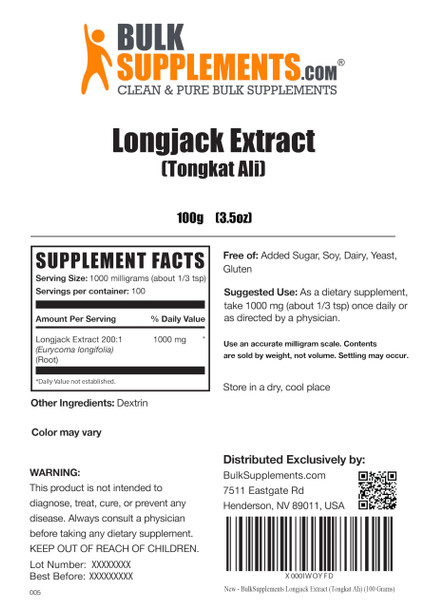 Bulksupplements.Com Longjack Extract Powder - Tongkat Ali Extract, Tongkat Ali Powder - Longjack Tongkat Ali, Tongkat Ali For Men - Gluten Free, 1000Mg Per Serving, 100G (3.5 Oz)