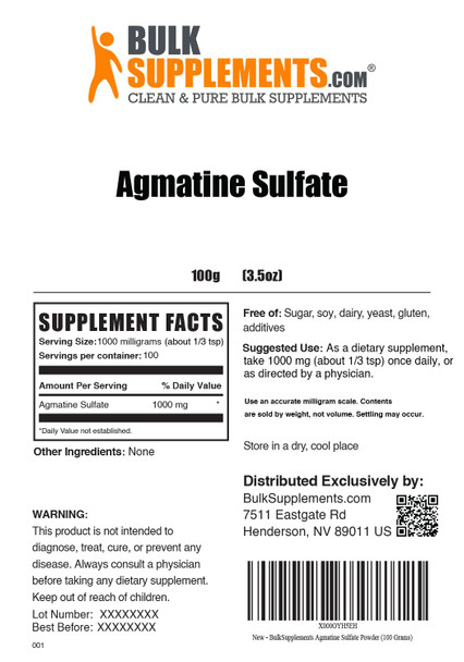 Bulksupplements.Com Agmatine Sulfate Powder - Supplement For Nitric Oxide Production - Unflavored, Gluten Free - 1000Mg Per Serving, 100 Servings (100 Grams - 3.5 Oz)