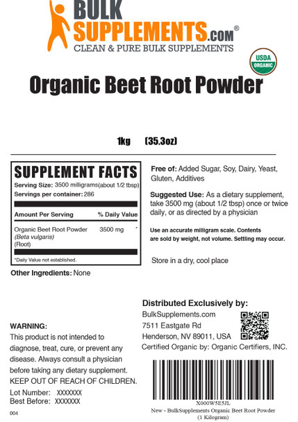 Bulksupplements.Com Organic Beet Root Powder - Beet Powder Organic, Beetroot Supplement - Superfood Supplement, Vegan & Gluten Free - 3500Mg Per Serving, 1Kg (2.2 Lbs) (Pack Of 1)