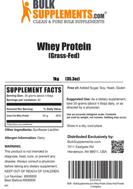 Bulksupplements.Com Grass Fed Whey Protein Powder - Pure Protein Powder - Unflavored Whey Protein Powder - Protein Supplement - Protein Powder Without Artificial Sweeteners (1 Kilogram - 2.2 Lbs)