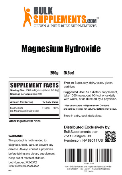 Bulksupplements.Com Magnesium Hydroxide Powder - Magnesium Supplement, Food Grade Magnesium Hydroxide, Magnesium Hydroxide Supplement - 1000Mg (410Mg Of Magnesium) Per Serving, 250G (8.8 Oz) Bulksupplements.Com Magnesium Hydroxide Powder - Magnesium Supplement, Food Grade Magnesium Hydroxide, Magnesium Hydroxide Supplement - 1000Mg (410Mg Of Magnesium) Per Serving, 250G (8.8 Oz)