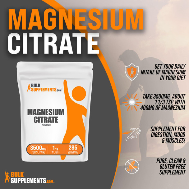 Bulksupplements.Com Magnesium Citrate Powder - Magnesium Supplement, Magnesium 400Mg, Pure Magnesium Citrate - Gluten Free, 3500Mg Per Serving, 1Kg (2.2 Lbs) (Pack Of 1)