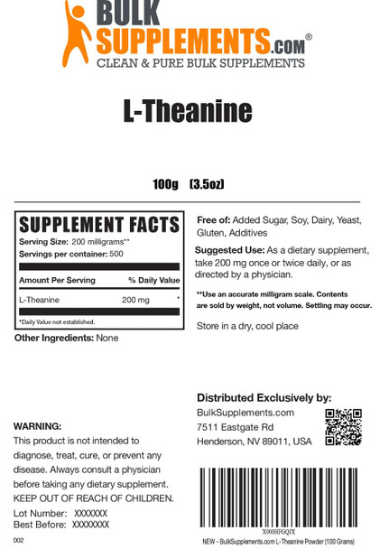 Bulksupplements.Com L-Theanine Powder - L-Theanine Supplement, L-Theanine 200Mg - Amino Amino Supplement, Pure & Gluten Free - 200Mg Of L Theanine Powder Per Serving, 100G (3.5 Oz)