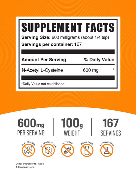 Bulksupplements.Com Nac Powder - N-Acetyl Cysteine 600Mg, Nac Supplement - Antioxidant Support, Gluten Free - 600Mg Per Serving, 167 Servings, 100G (3.5 Oz) (Pack Of 1)