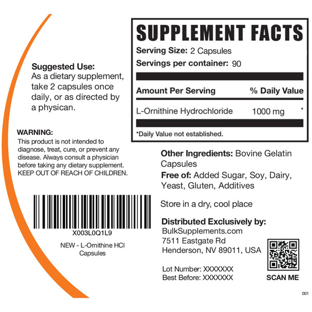 Bulksupplements.Com L-Ornithine Hcl Capsules - L-Ornithine Hydrochloride - Ornithine Capsules - Amino Acids Supplement - L Ornithine 1000Mg - 2 Capsules Per Serving, 90-Day Supply (180 Capsules)