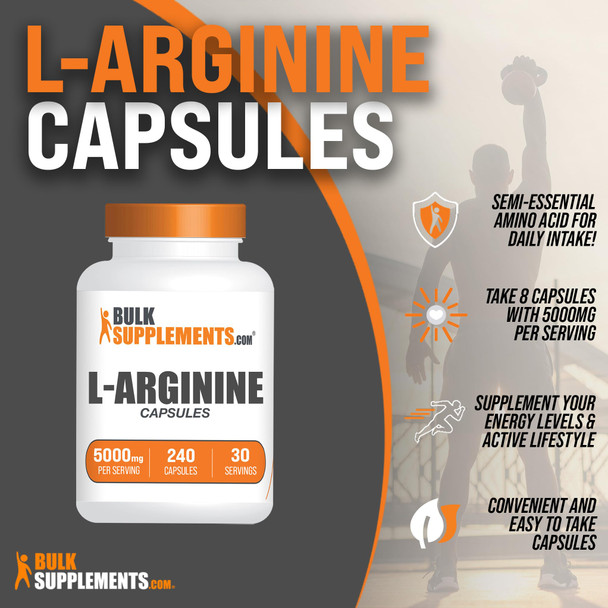 Bulksupplements.Com L-Arginine 5000Mg Capsules - Arginine Supplement, Nitric Oxide Supplement, L Arginine Capsules - Gluten Free, 8 Capsules Per Serving, 240 Capsules (Pack Of 1)