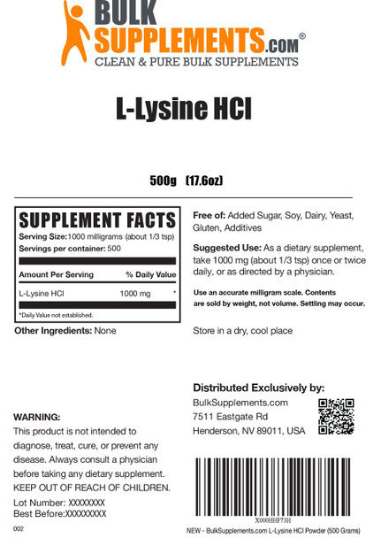 Bulksupplements.Com L-Lysine Powder - As L-Lysine Hcl, Lysine Supplement, L-Lysine 1000Mg - For Immune Support - Gluten Free, 1000Mg Per Serving, 500G (1.1 Lbs) (Pack Of 1)