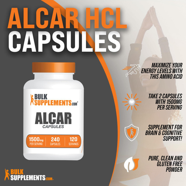 Bulksupplements.Com Acetyl L-Carnitine Capsules - Alcar Hcl, Carnitine Supplement - Alcar Capsules, Acetyl L-Carnitine 1500Mg - Gluten Free, 2 Capsules Per Serving, 240 Capsules