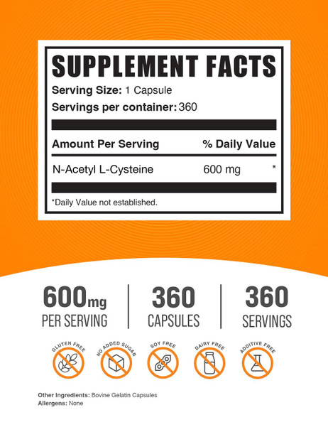 Bulksupplements.Com N-Acetyl L-Cysteine Capsules - N-Acetyl Cysteine 600Mg, Nac Supplement - 600Mg Per Capsule, Gluten Free - 1 Nac Capsule Per Serving, 360 Capsules (Pack Of 1)