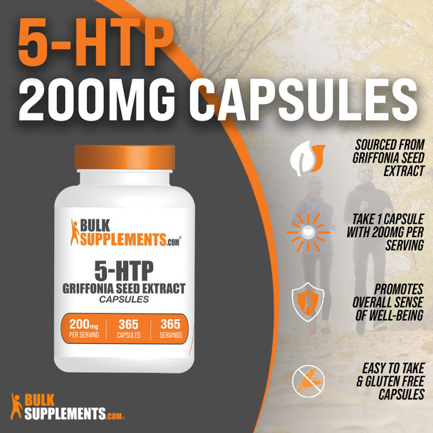 Bulksupplements.Com 5-Htp 200Mg - 5-Hydroxytryptophan, 5 Htp Supplement, 5-Htp Capsules - Htp5 Supplement, Griffonia Seed Extract - Mood Support Supplement, 1 Capsule Per Serving, 365 Capsules