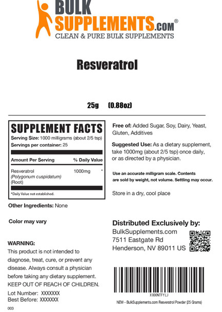 Bulksupplements.Com Resveratrol Powder - Resveratrol Supplement, Polygonum Cuspidatum, Resveratrol 1000Mg - Antioxidants Supplement, Vegan & Gluten Free - 1000Mg Per Serving, 25G (0.88 Oz)