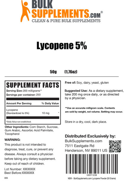 Bulksupplements.Com Lycopene Powder - Lycopene Supplement, Lycopene 10Mg - Antioxidants Supplement & Heart Health Supplement, Gluten Free, 200Mg Per Serving, 50G (1.8 Oz)