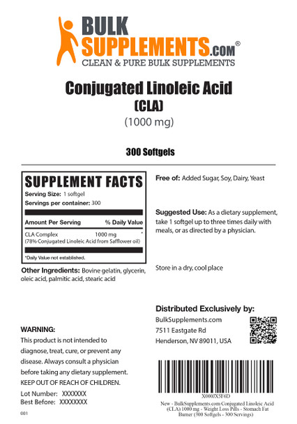 Bulksupplements.Com Conjugated Linoleic Acid Softgels - Cla Supplements, Cla 2000Mg, Cla Safflower Capsules, Cla Pills - 2 Cla Softgels Per Serving, 150-Day Supply, 300 Softgels