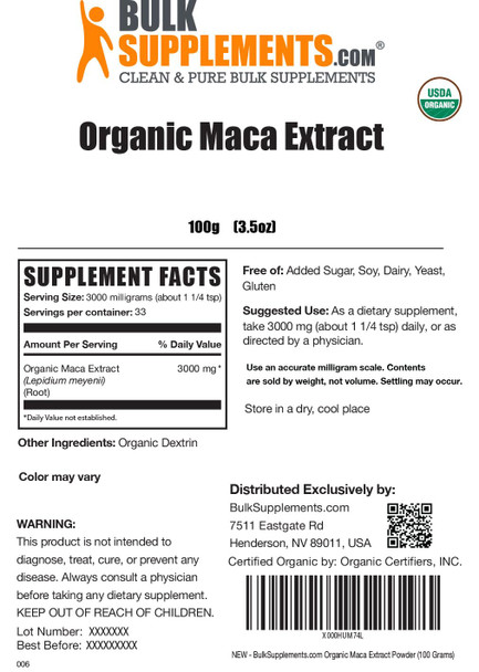 Bulksupplements.Com Organic Maca Root Extract Powder - Maca Supplement, Maca Powder Organic - Maca Root For Women & Men, Vegan & Gluten Free, 3000Mg Of Per Serving, 100G (3.5 Oz), Pack Of 1