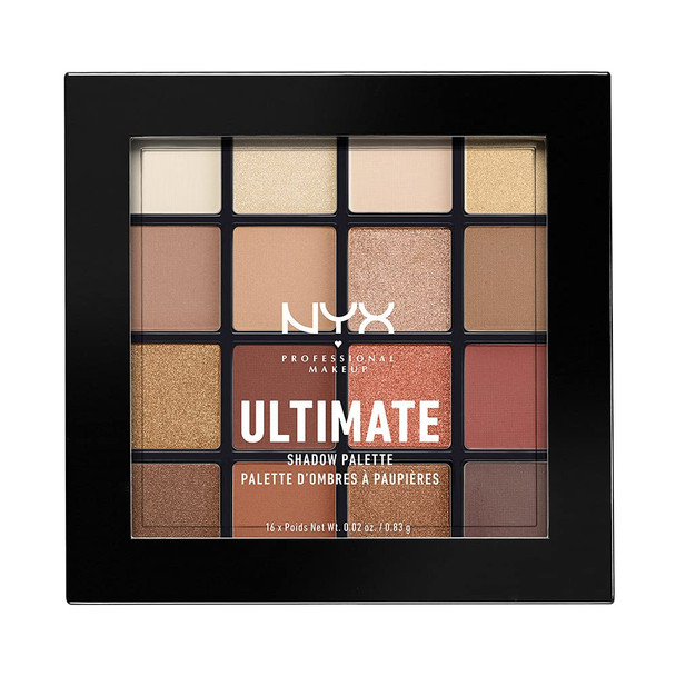 NYX Professional Makeup Ultimate Eye Shadow Palette, Pressed Pigments, 16 Shades, Matte, Satin, Metallic, Shade: Warm Neutrals