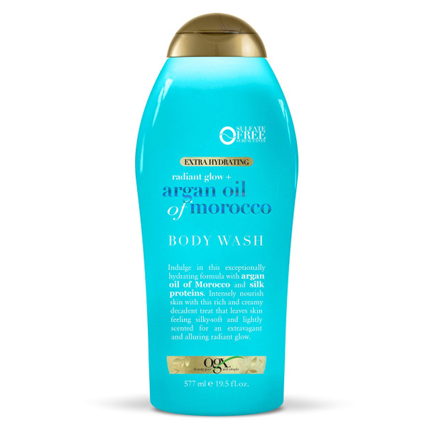 OGX Radiant Glow + Argan Oil of Morocco Extra Hydrating Body Wash for Dry Skin, Moisturizing Gel Body Cleanser for Silky Soft Skin, Paraben-Free, Sulfate-Free Surfactants, 195 oz
