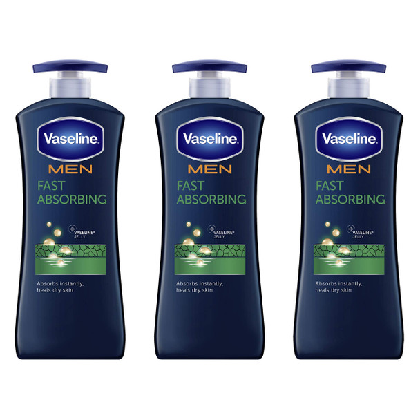 Vaseline Men Healing Moisture Body Lotion For Dry Skin Fast Absorbing Absorbs in Just 15 Skin For Moisturized Skin 20.3 oz 3 count