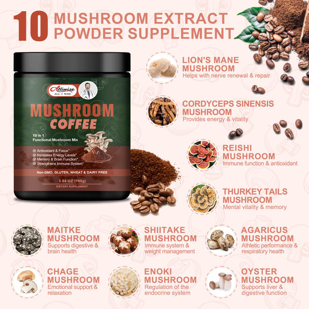 Alliwise 10 In 1 Mushroom Coffee Powder|Premium Coffee With Lion'S Mane, Cordyceps, Reishi, Chaga, Shiitake, Maitake, And Turkey Tail |Energy & Immune Support,Focus, Memory & Brain Function