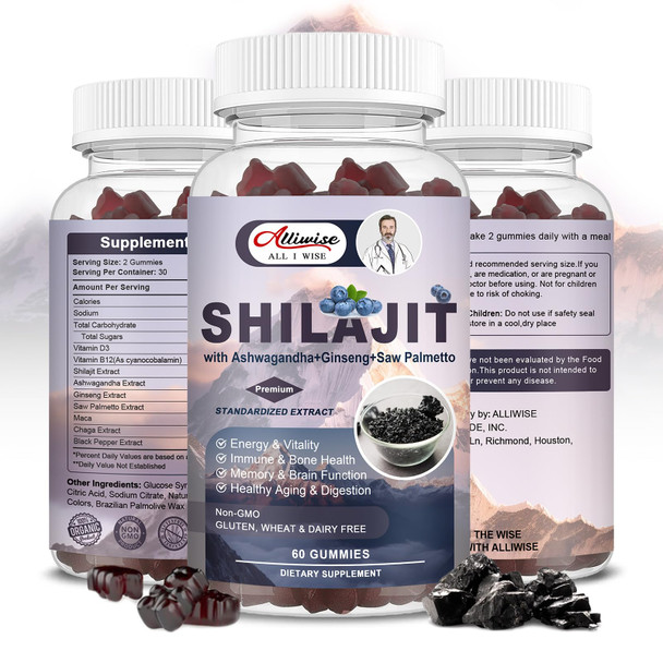 Alliwise Shilajit Gummies For Men & Women, 600Mg Shilajit Pure Himalayan Original Multi-Supplement, Shilajit Ashwagandha & High In Trace Minerals & Fulvic Acid For Energy, Strength & Immunity