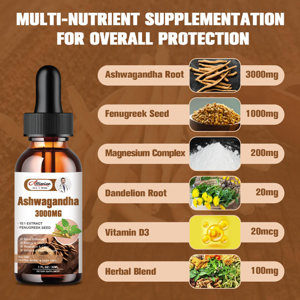 Alliwise 2 Pack Ashwagandha Supplement Liquid Drops 3000Mg With Vitamind3,Fenugreek Seeds，Magnesium For Men &Women. Ashwagandha Root Extract Supplement For Immune Support.