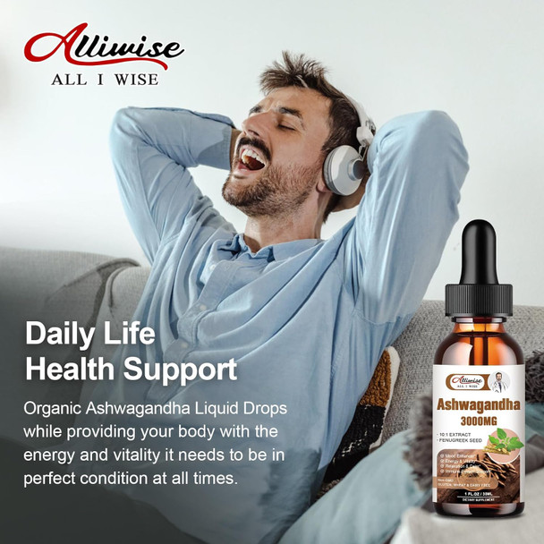 Alliwise 2 Pack Ashwagandha Supplement Liquid Drops 3000Mg With Vitamind3,Fenugreek Seeds，Magnesium For Men &Women. Ashwagandha Root Extract Supplement For Immune Support.
