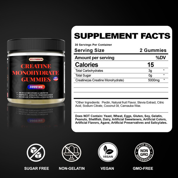 BSSTABBON Creatine Monohydrate Gummies 5000Mg Per Serving 60 Count For Muscle Strength, Energy Boost For Women And Men