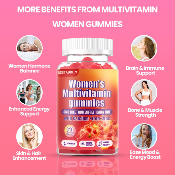 BSSTABBON Women'S Multivitamin Gummies Peach Flavor, Contains 6 Essential Vitamins (Vitamin A,B6,B12,C, D, E) And Multiple Mineral Values For Skin, Hair, Energy, Immune, Bone(60 Gummies) (60 Count)